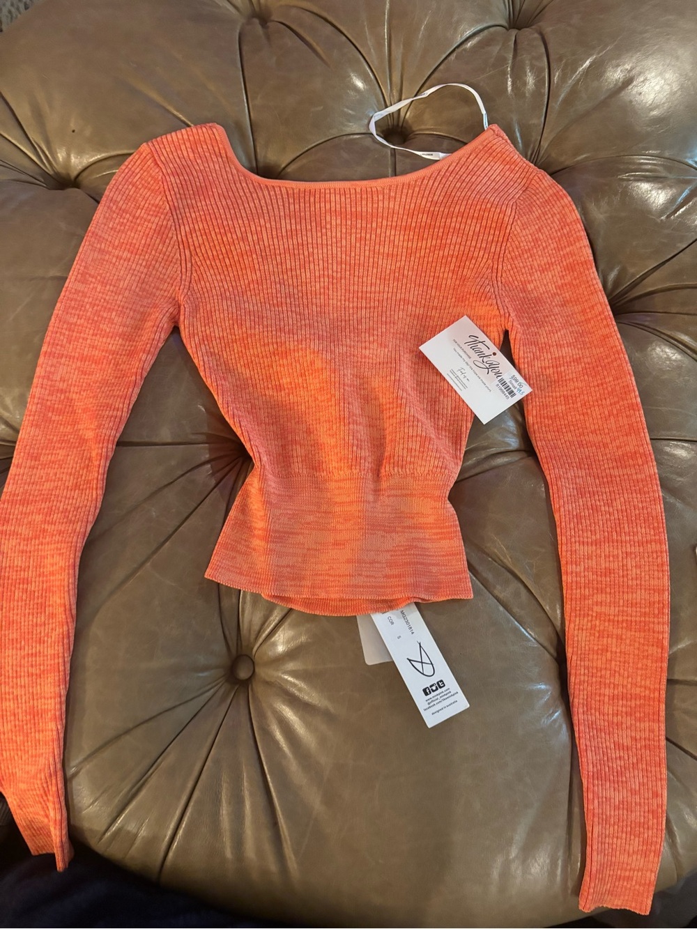 Orange Ribbed Long Sleeve Peplum Top